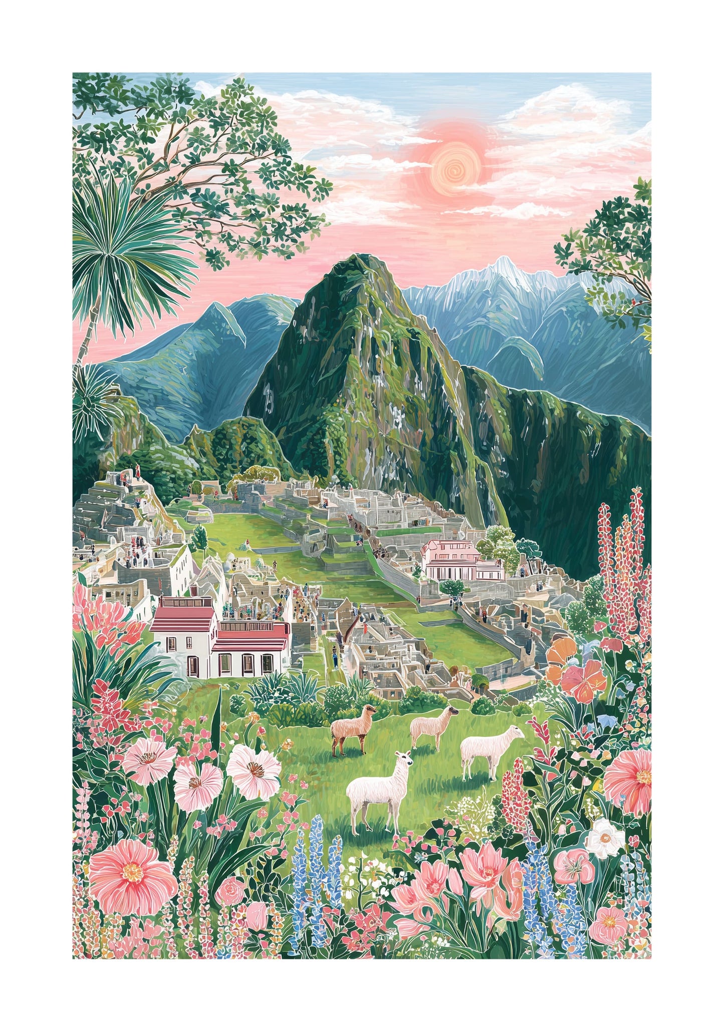 Machu Picchu Floral Art Poster — Pastel Sunrise Landscape Print