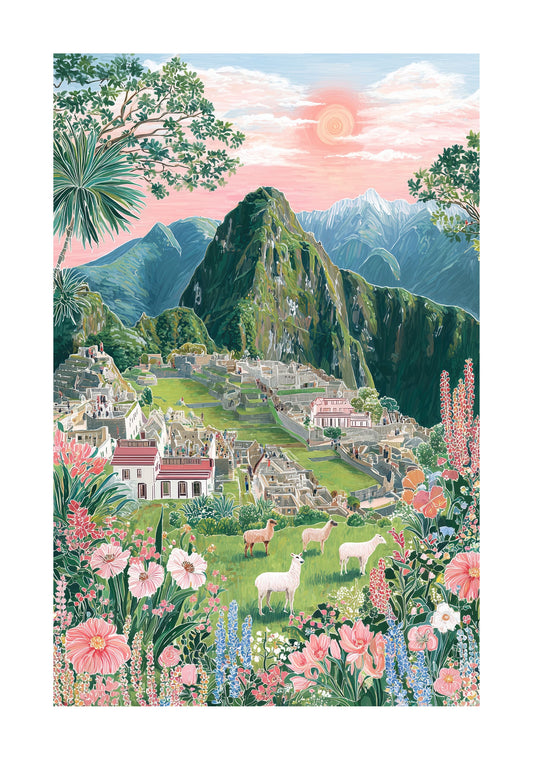 Machu Picchu Floral Art Poster — Pastel Sunrise Landscape Print