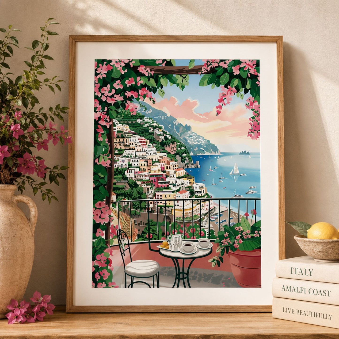 Amalfi Coast Terrace Poster — Coastal Positano Seaside Wall Art