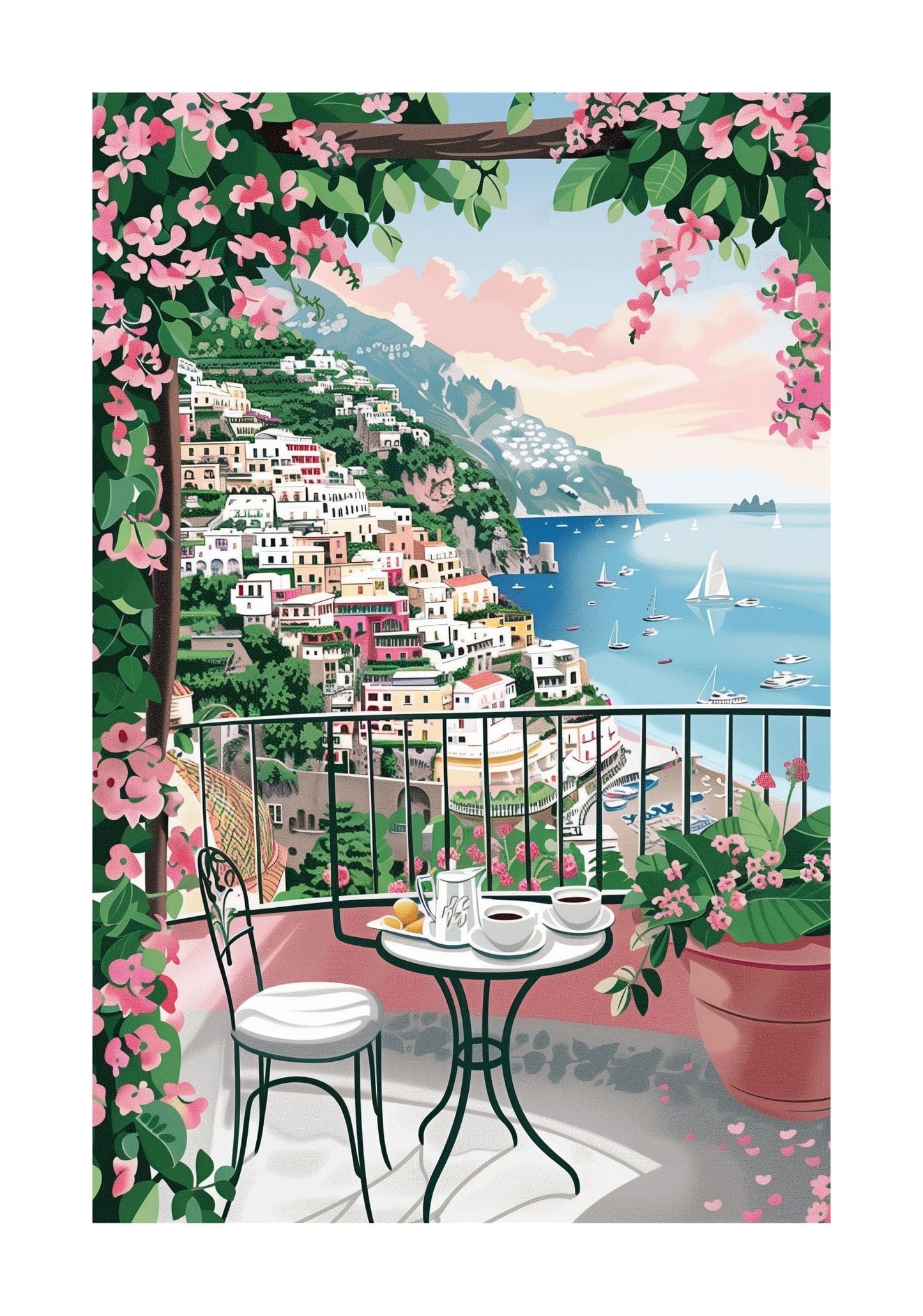 Amalfi Coast Terrace Poster — Coastal Positano Seaside Wall Art