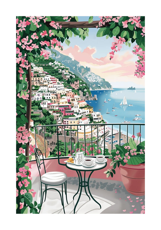 Amalfi Coast Terrace Poster — Coastal Positano Seaside Wall Art