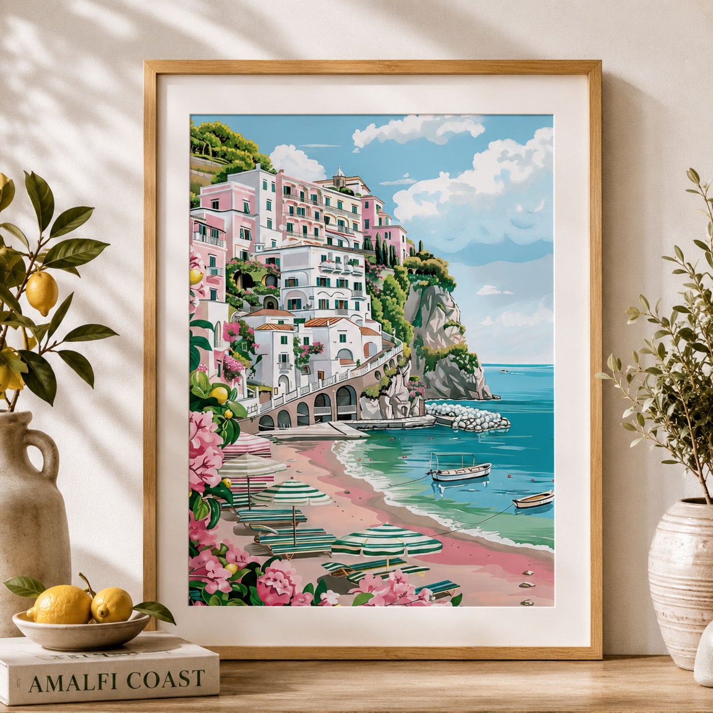 Amalfi Coast Beach Rolled Poster — Mediterranean Seaside Wall Art