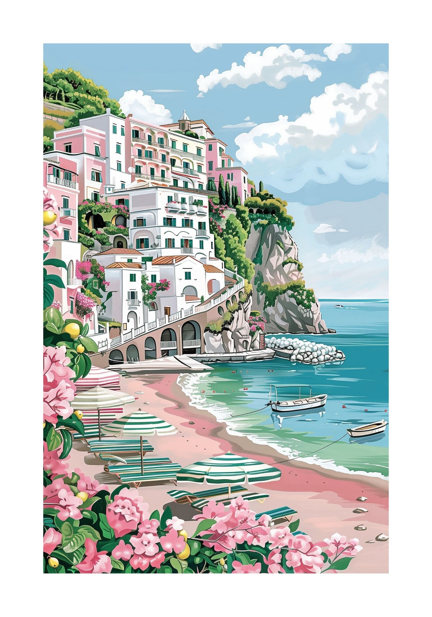Amalfi Coast Beach Rolled Poster — Mediterranean Seaside Wall Art