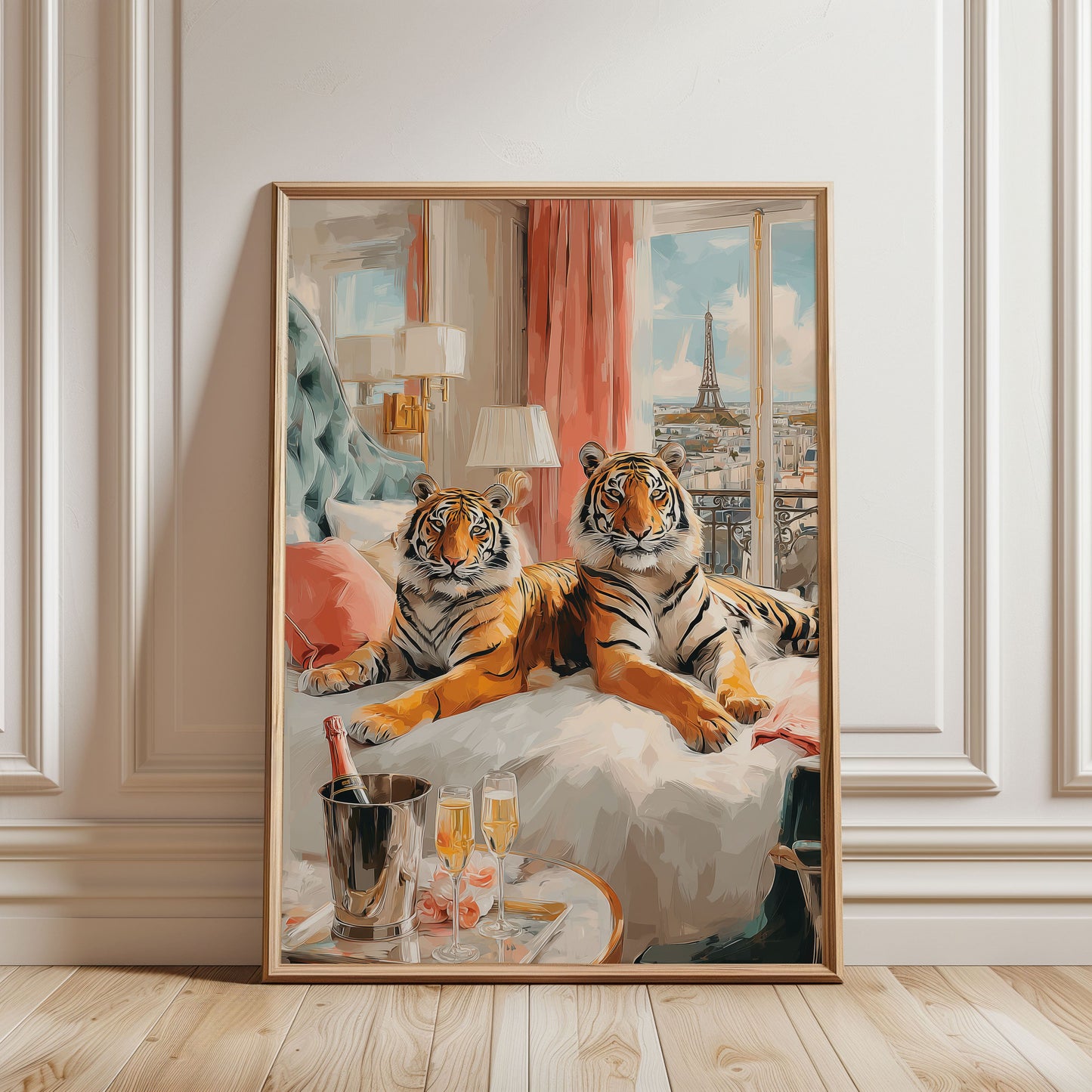 Paris Tiger Champagne Poster – Luxury Animal Wall Art, Romantic Paris Hotel Print