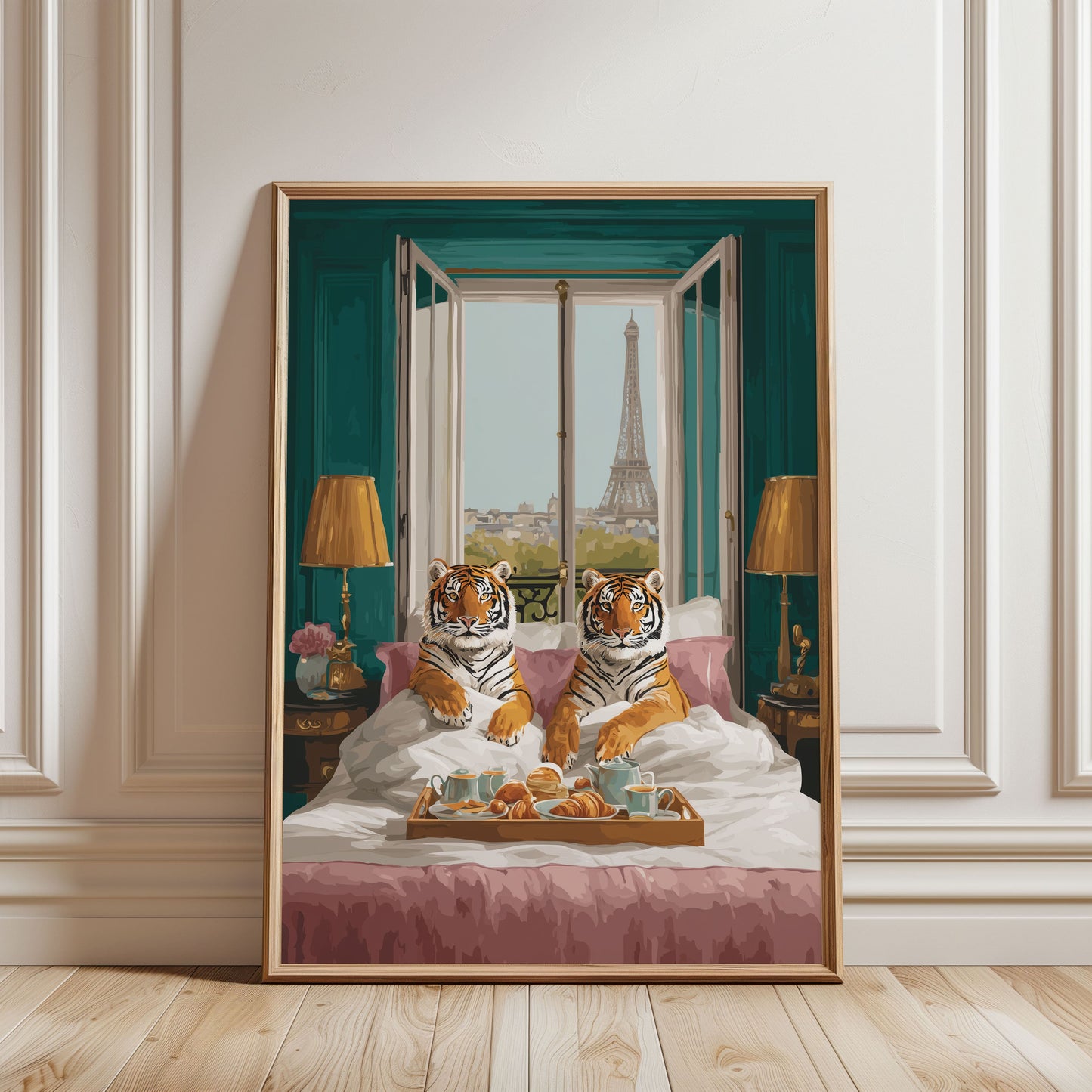 Paris Tiger Breakfast Poster – Luxury Animal Wall Art, Cozy Eiffel Tower Print