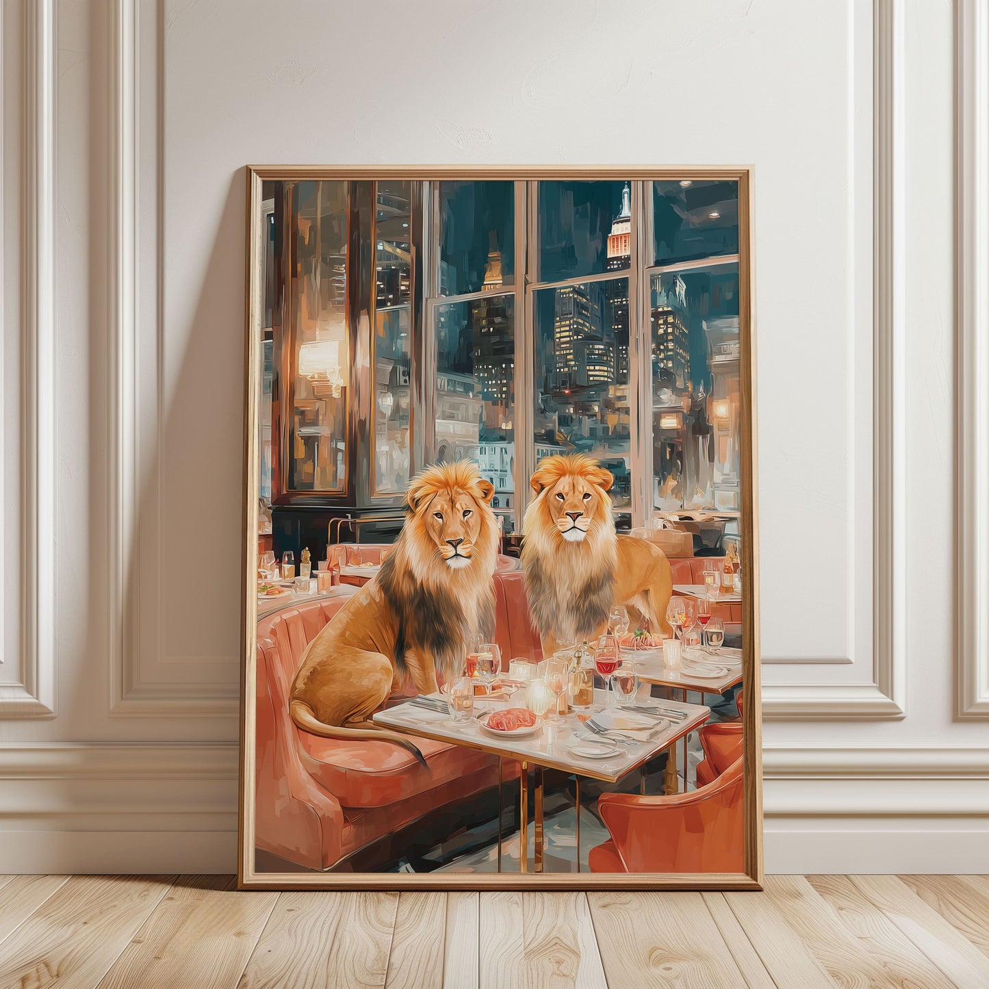 New York Lion Poster – Luxury Animal Wall Art, NYC Skyline Dinner Print