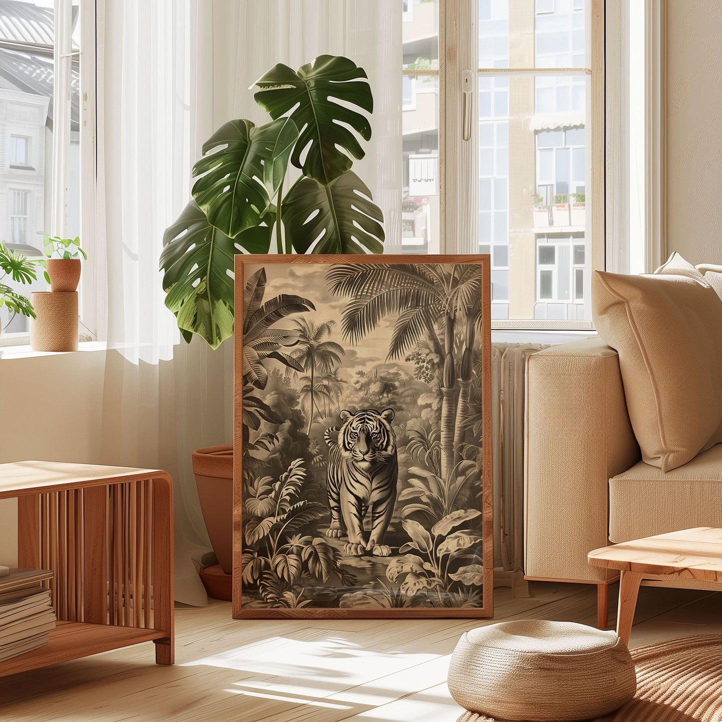 Vintage Tiger Jungle Poster – Antique Wildlife Wall Art, Monochrome Safari Print