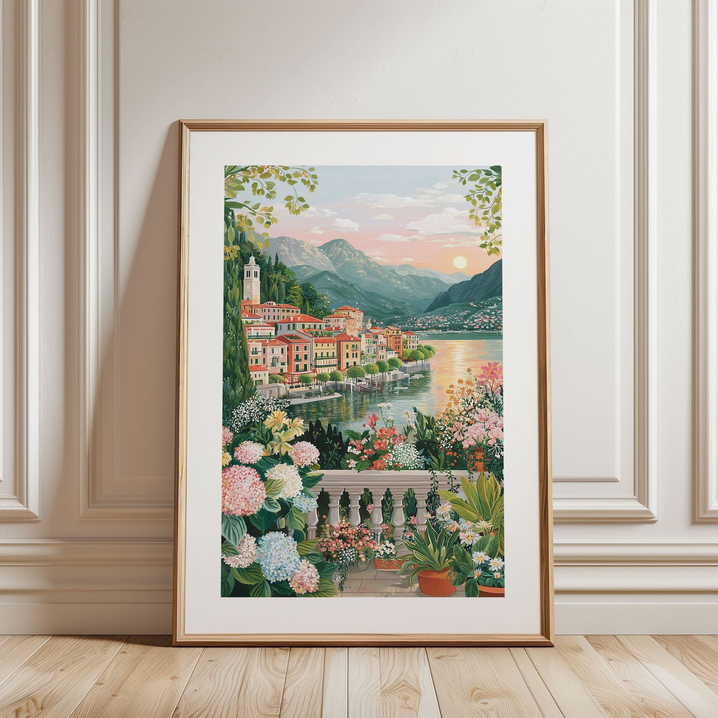 Lake Como Italy Poster – Romantic Sunset Wall Art, Mediterranean Floral Travel Print