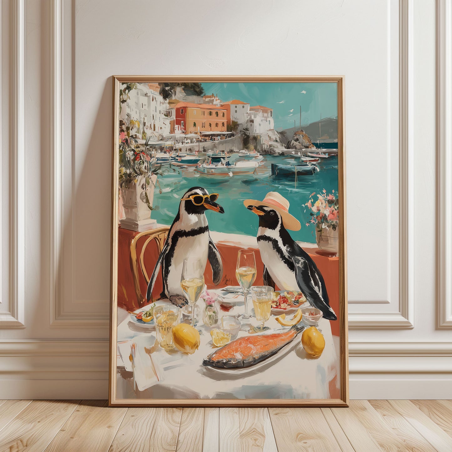 Corsica Penguin Poster – Funny Animal Wall Art, Coastal Dining Scene Travel Print