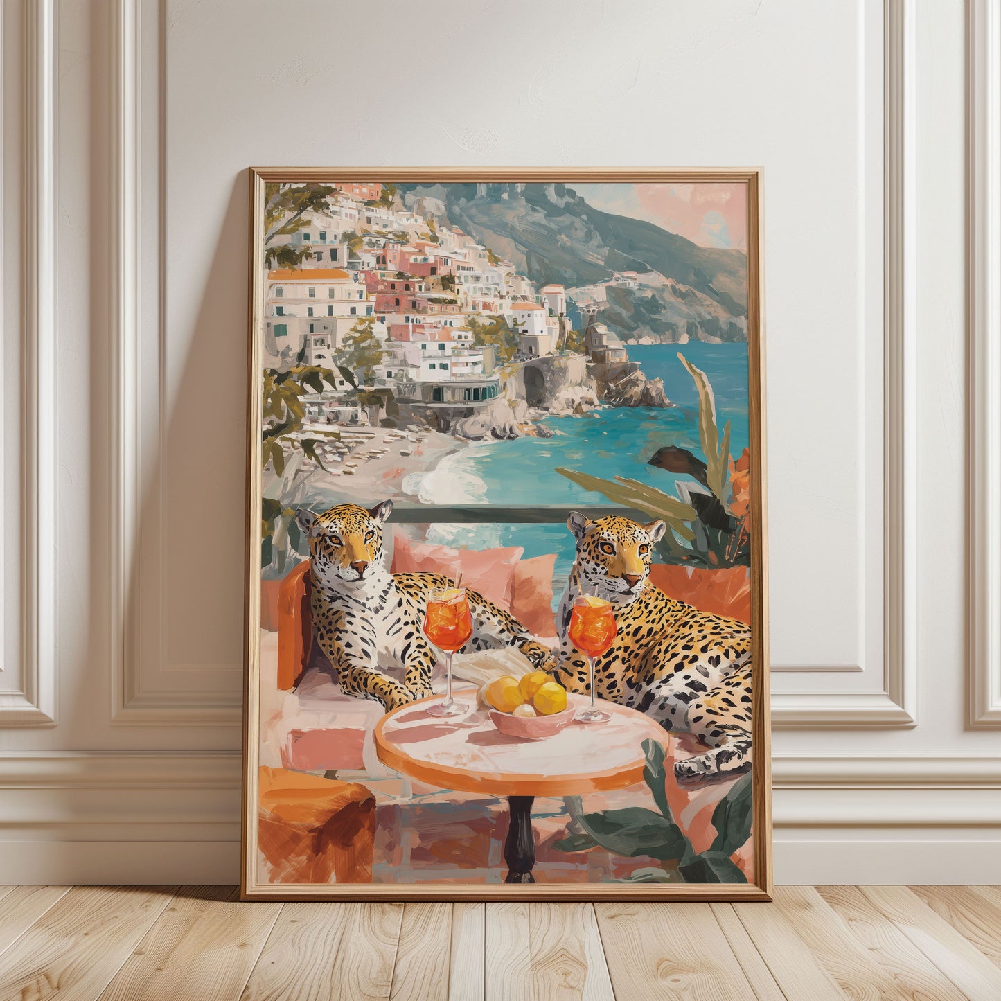 Amalfi Coast Leopard Poster – Aperol Spritz Wall Art, Luxury Animal Coastal Print