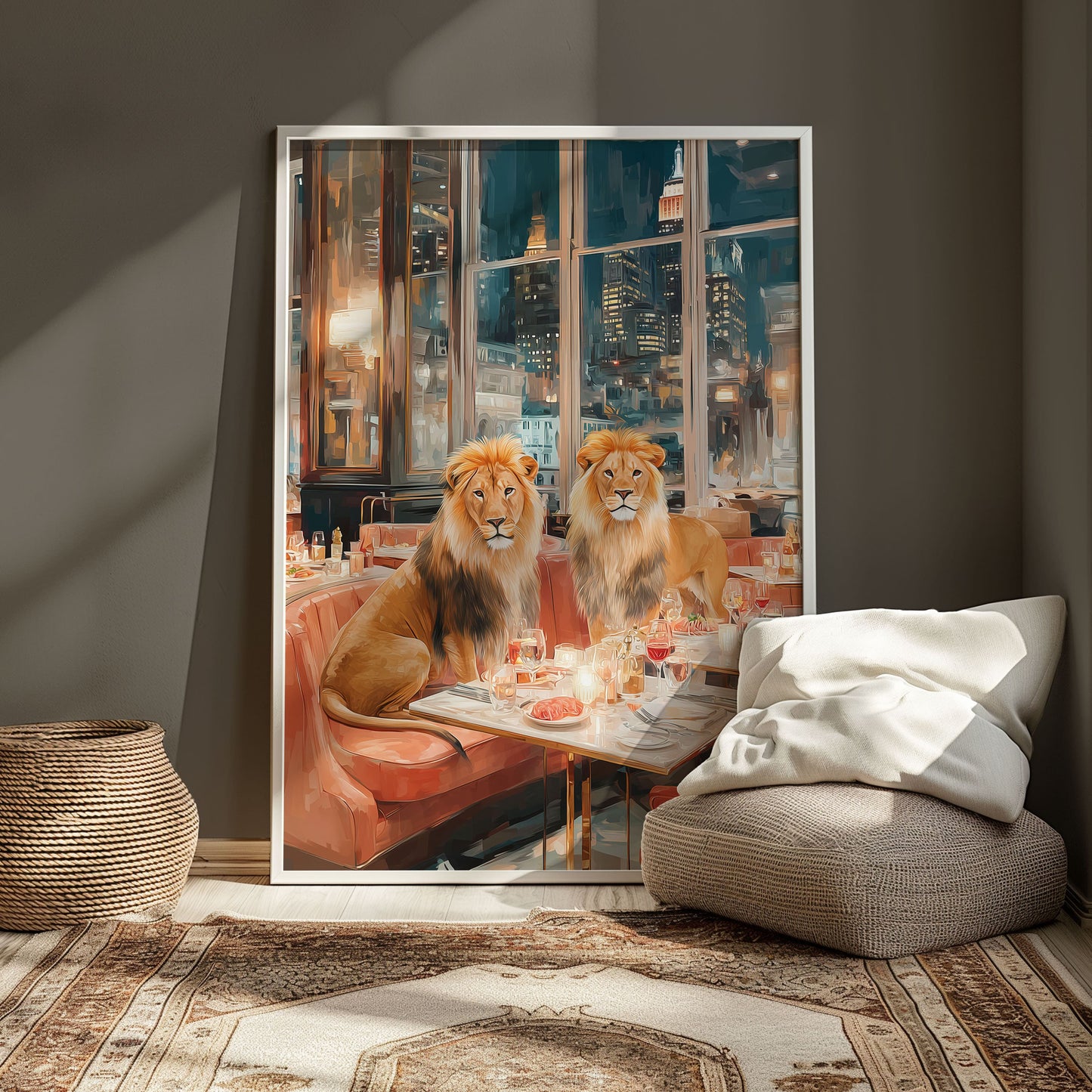 New York Lion Poster – Luxury Animal Wall Art, NYC Skyline Dinner Print