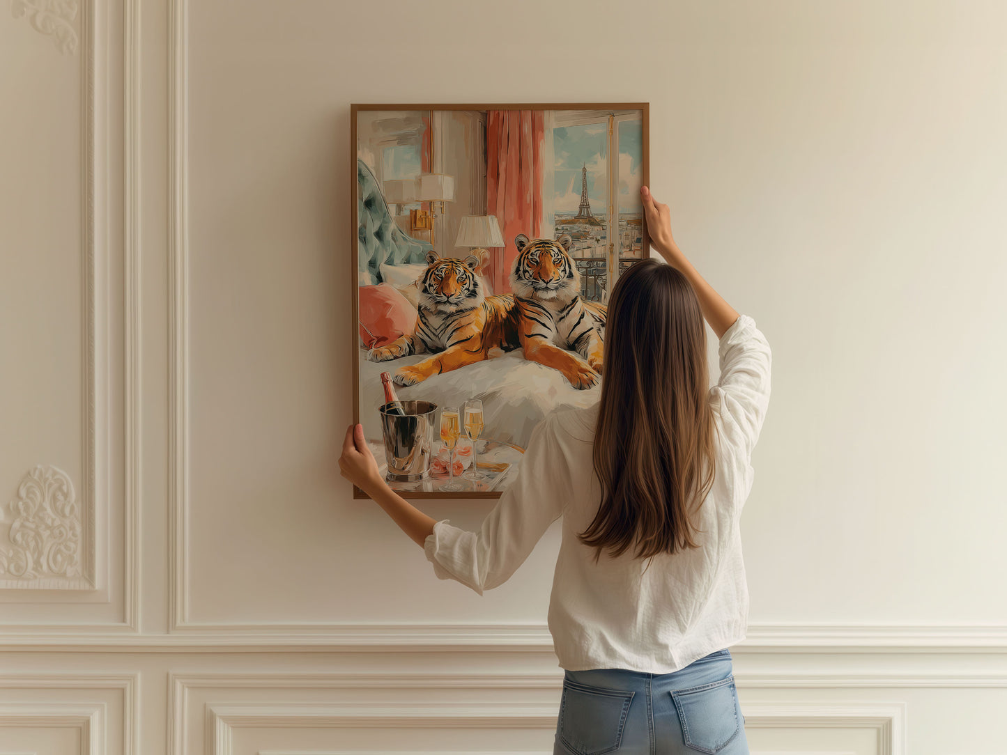 Paris Tiger Champagne Poster – Luxury Animal Wall Art, Romantic Paris Hotel Print