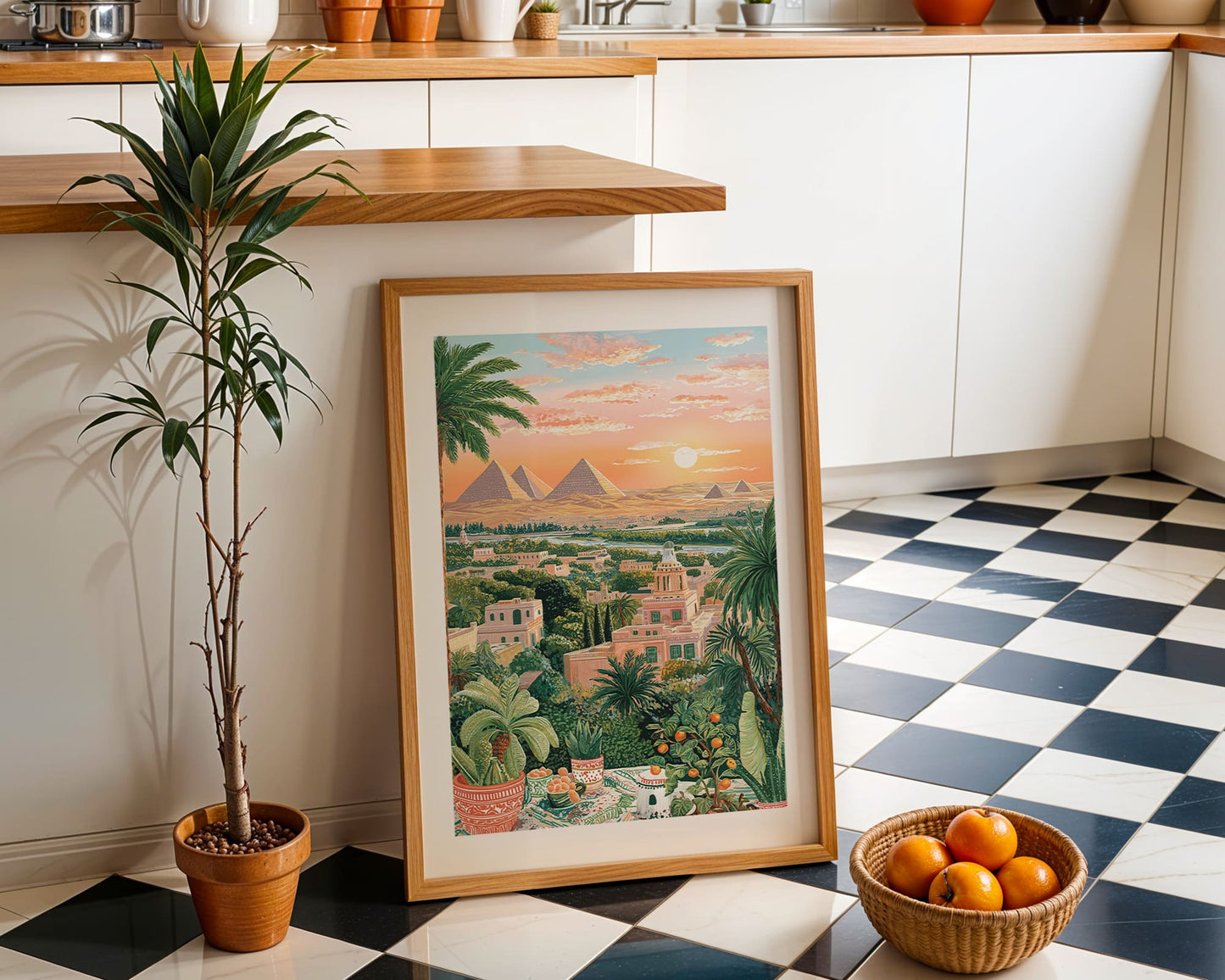 Cairo Egypt Poster – Pyramids Sunset Wall Art, Vintage Travel Print Middle East Landscape