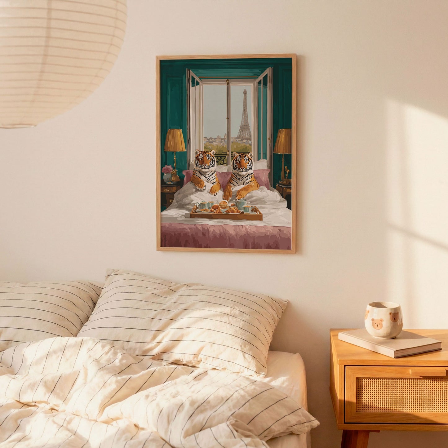 Paris Tiger Breakfast Poster – Luxury Animal Wall Art, Cozy Eiffel Tower Print