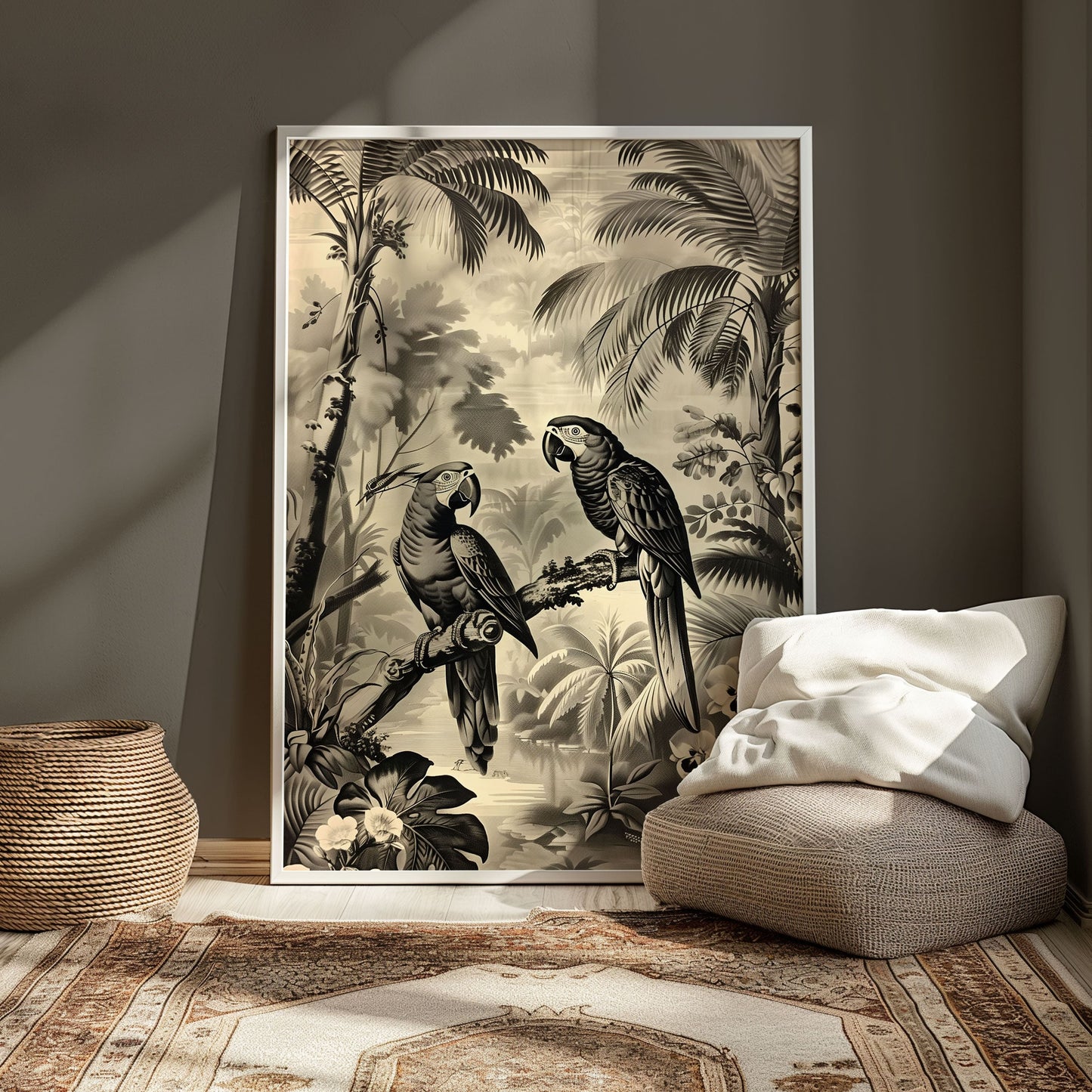 Vintage Parrot Jungle Poster – Antique Tropical Bird Wall Art, Monochrome Safari Print