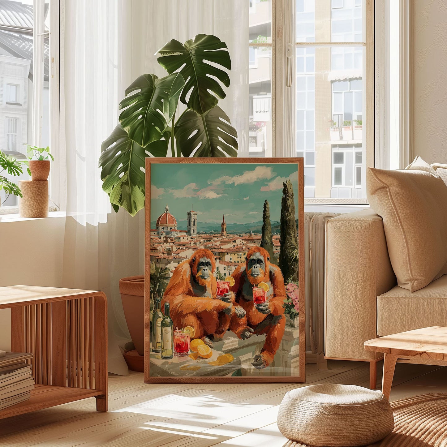 Florence Orangutan Negroni Poster – Italian Aperitivo Wall Art, Funny Animal Print