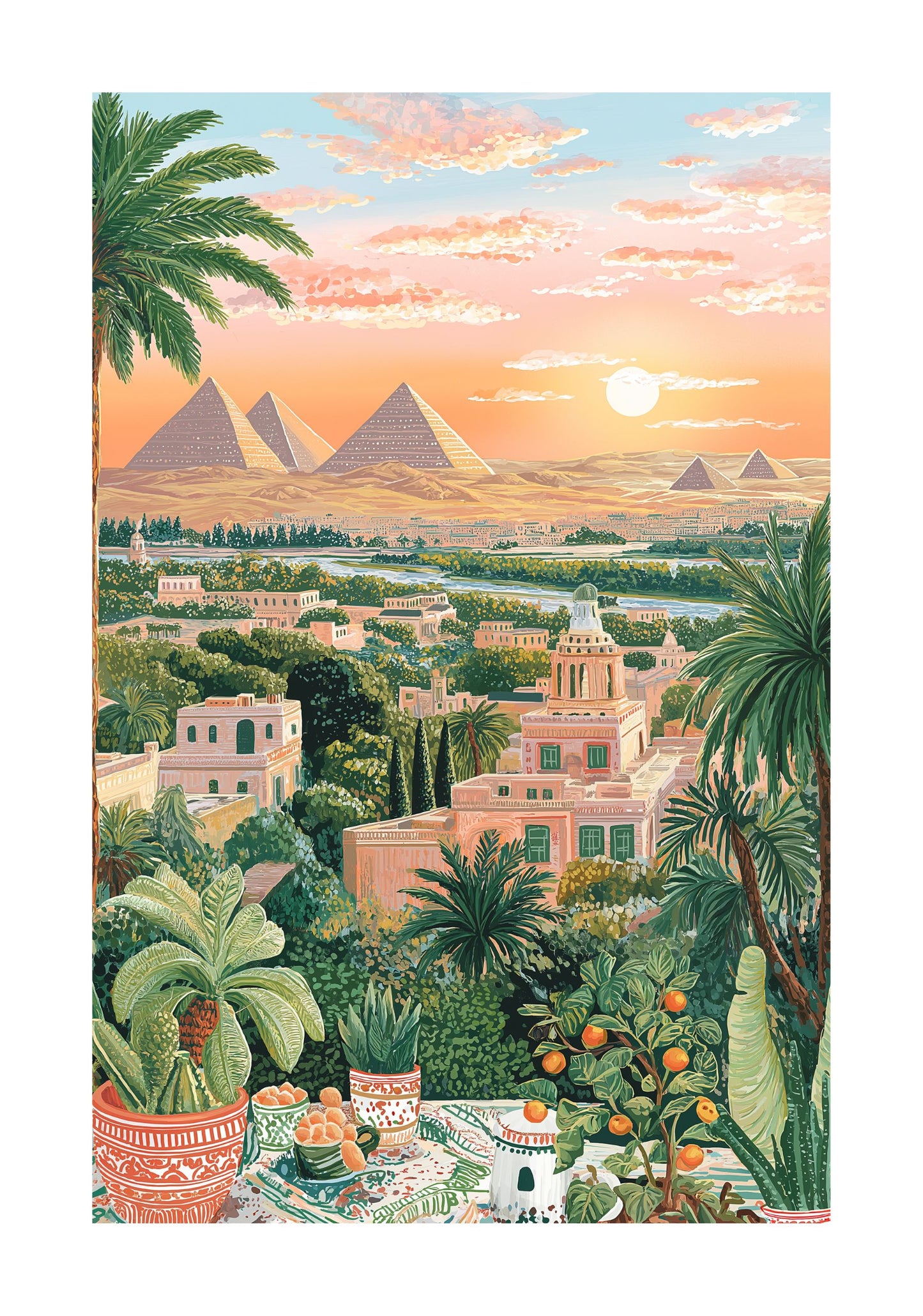 Cairo Egypt Poster – Pyramids Sunset Wall Art, Vintage Travel Print Middle East Landscape