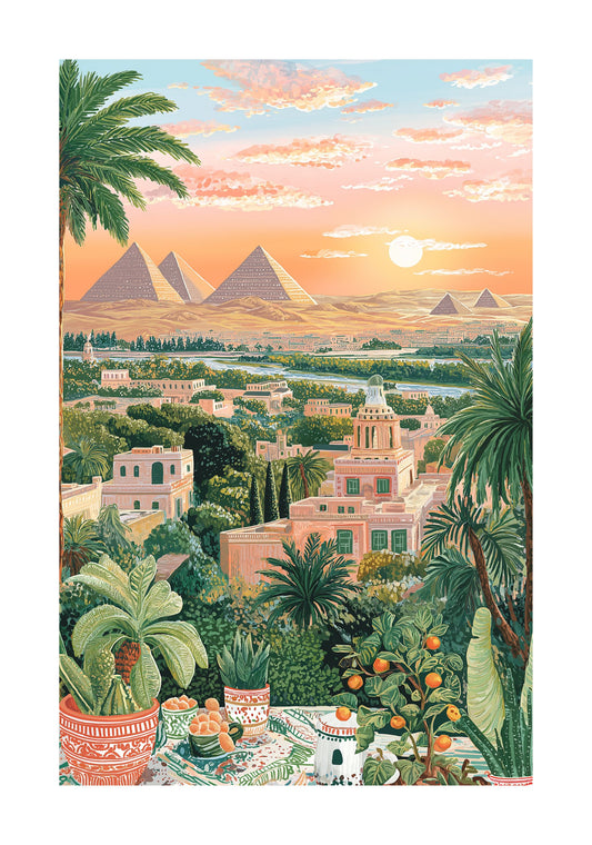 Cairo Egypt Poster – Pyramids Sunset Wall Art, Vintage Travel Print Middle East Landscape