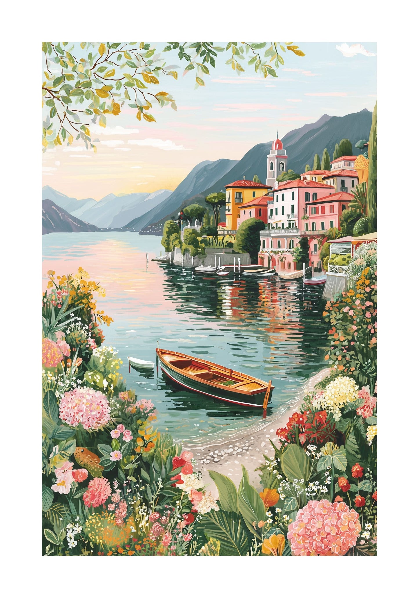 Lake Como Boat Poster – Italian Sunset Wall Art, Romantic Mediterranean Travel Print