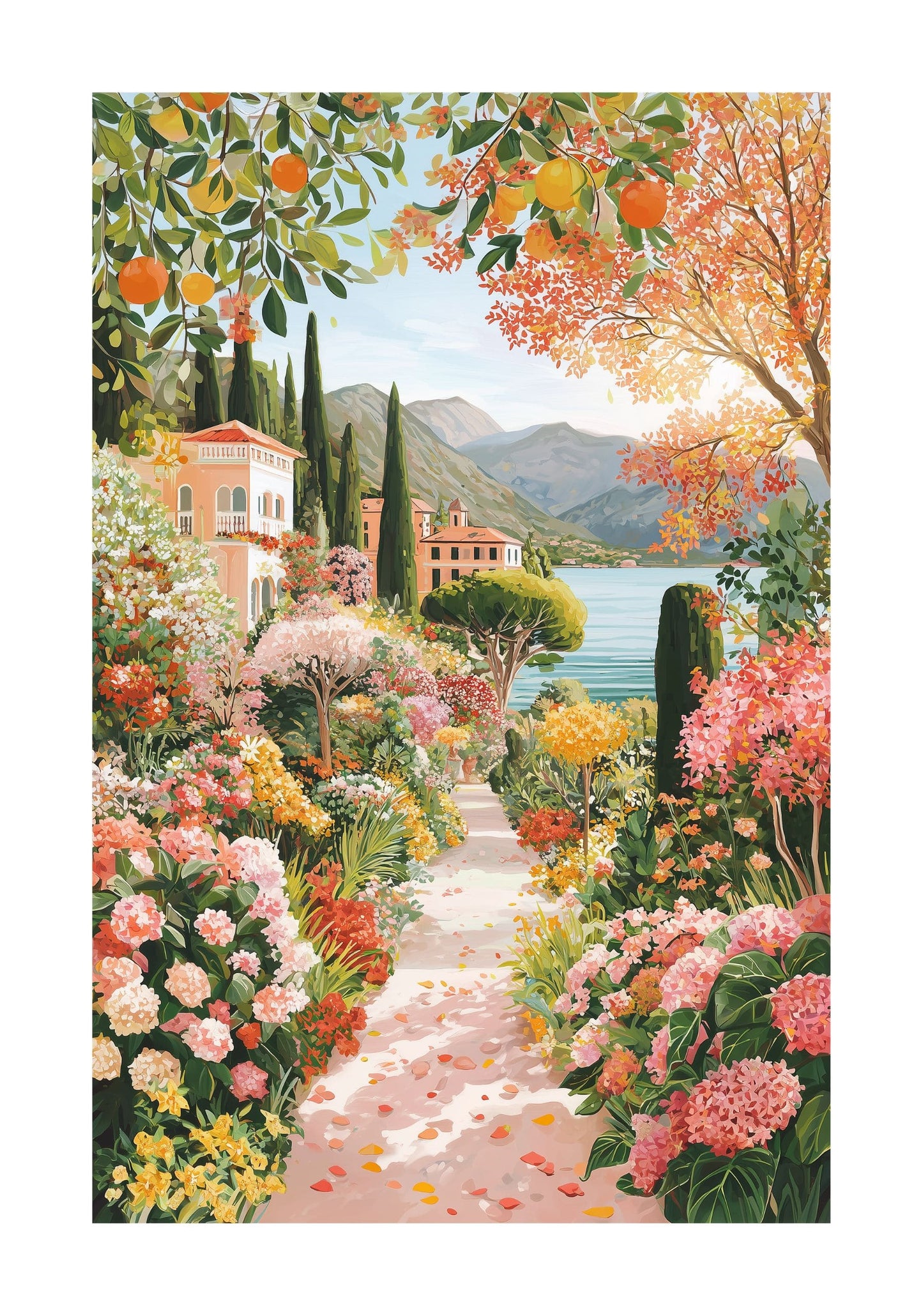 Lake Como Garden Poster – Italian Floral Wall Art, Romantic Mediterranean Travel Print