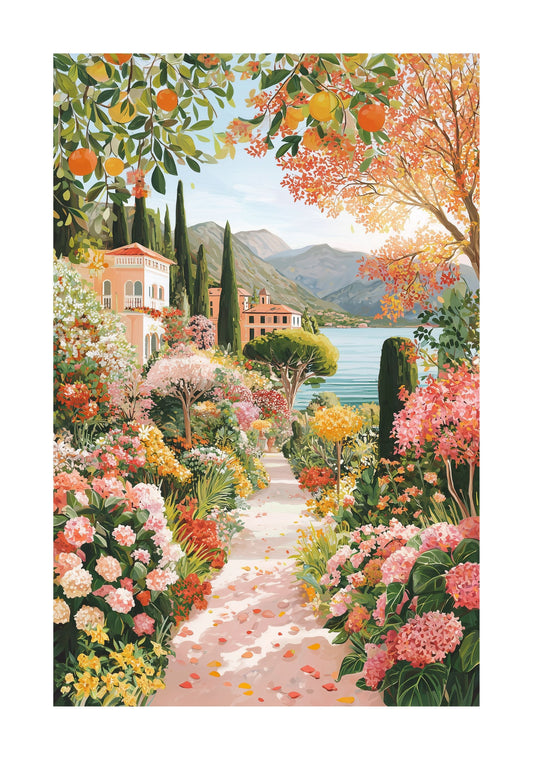 Lake Como Garden Poster – Italian Floral Wall Art, Romantic Mediterranean Travel Print