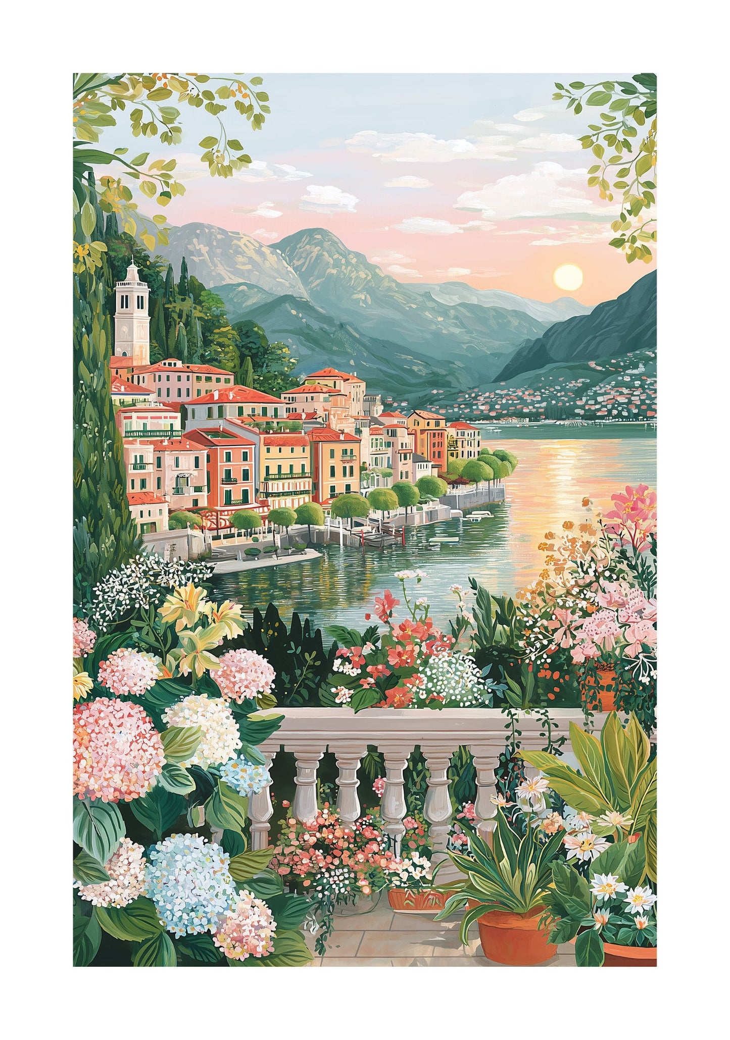 Lake Como Italy Poster – Romantic Sunset Wall Art, Mediterranean Floral Travel Print