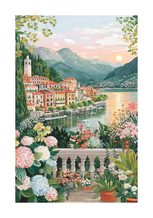 Lake Como Italy Poster – Romantic Sunset Wall Art, Mediterranean Floral Travel Print