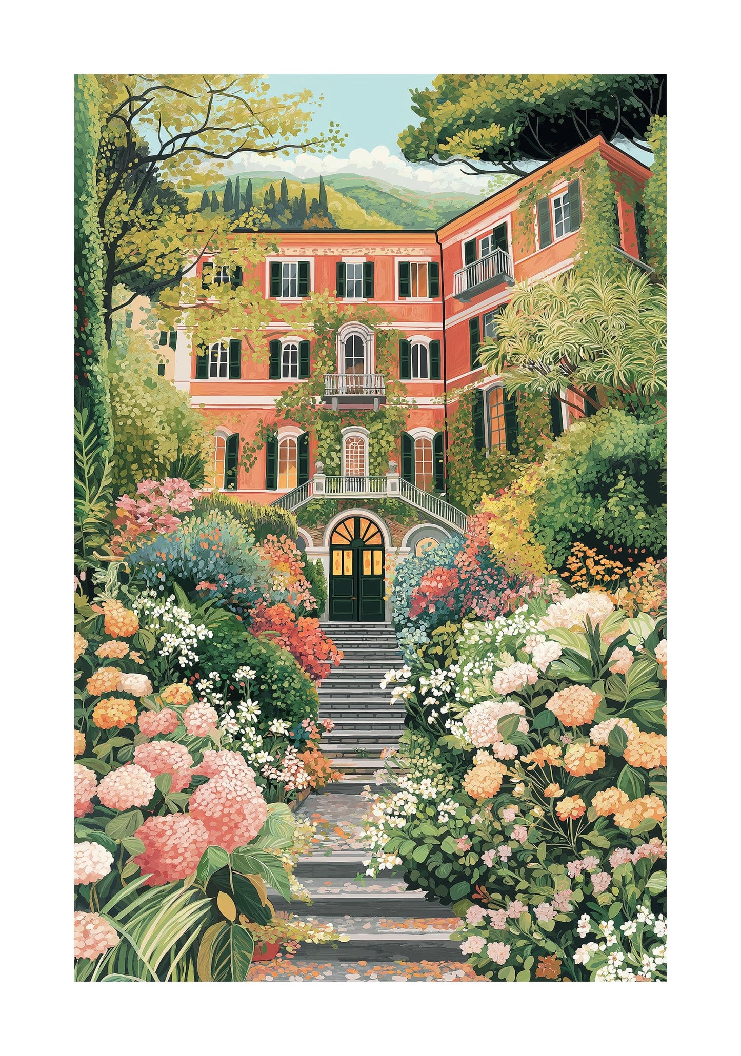 Lake Como Villa Poster – Italian Luxury Wall Art, Romantic Floral Mediterranean Print