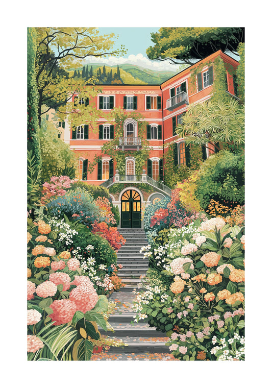 Lake Como Villa Poster – Italian Luxury Wall Art, Romantic Floral Mediterranean Print