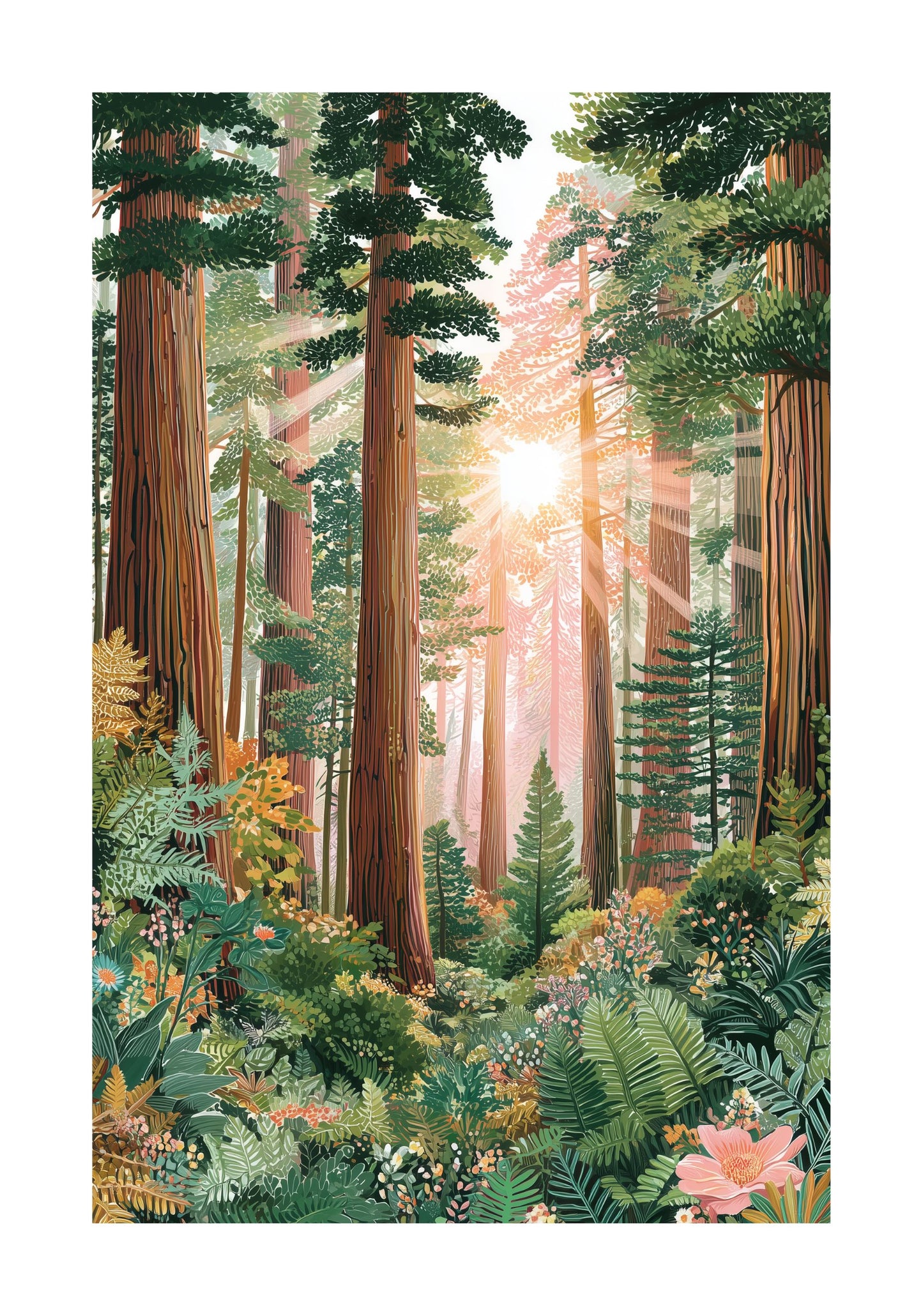 Redwood National Park poster with tall trees, forest landscape and sunlight in vintage illustration style