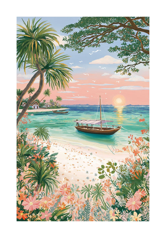 Zanzibar Beach Poster – Tropical Sunset Wall Art, Ocean Travel Print Coastal Decor